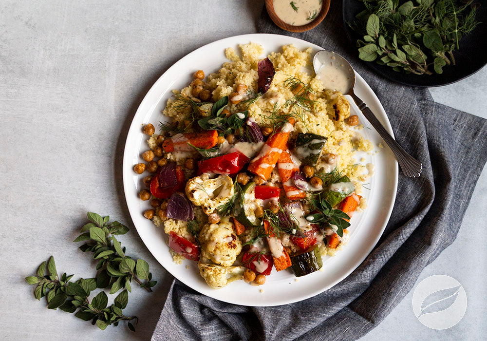 Couscous with Roasted Veggies and Tahini Dressing