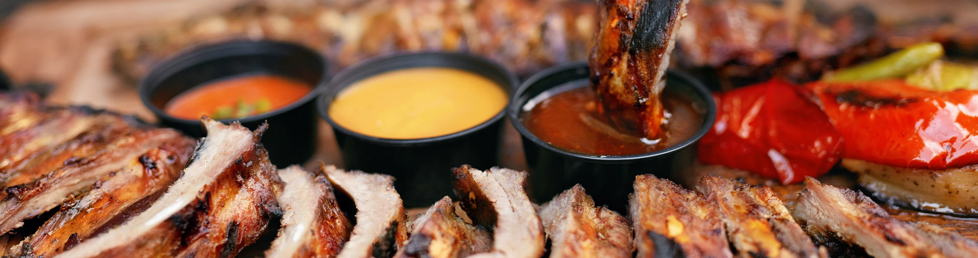 BBQ ribs and dipping sauces.